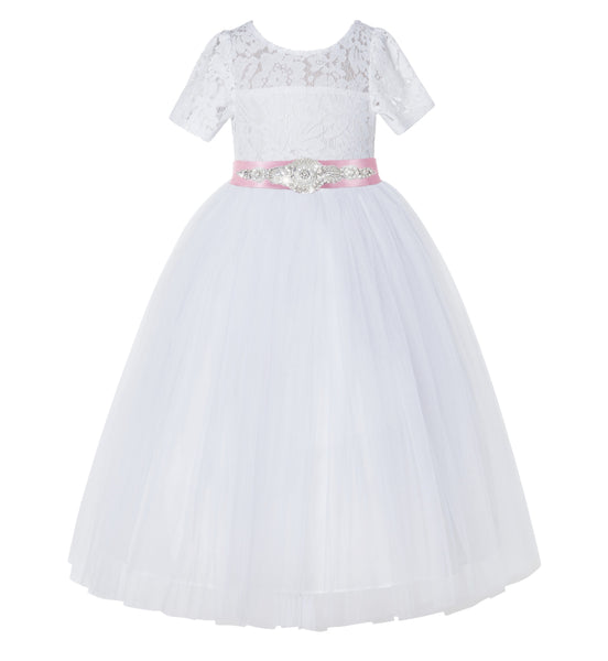 White Floral Lace Flower Girl Dress with Sleeves Pretty Princess Gown Special Occasion Dresses LG2R7