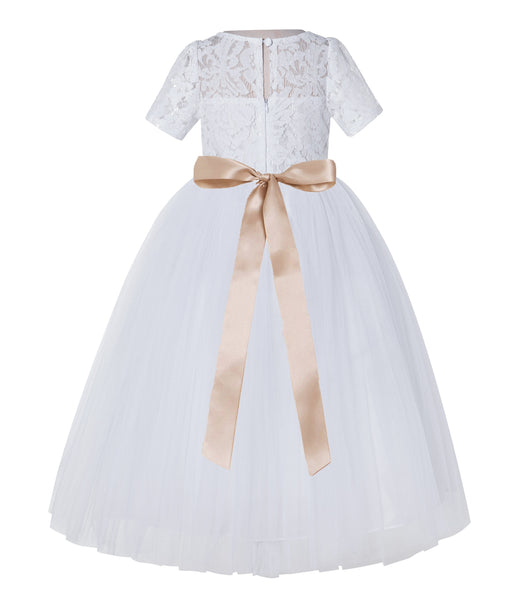 White Floral Lace Flower Girl Dress with Sleeves Pretty Princess Gown Special Occasion Dresses LG2R7
