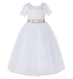 White Floral Lace Flower Girl Dress with Sleeves Pretty Princess Gown Special Occasion Dresses LG2R7