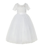 Floral Lace Flower Girl Dress with Sleeves Formal Junior Bridesmaid Gown for Toddler Girls LG2R