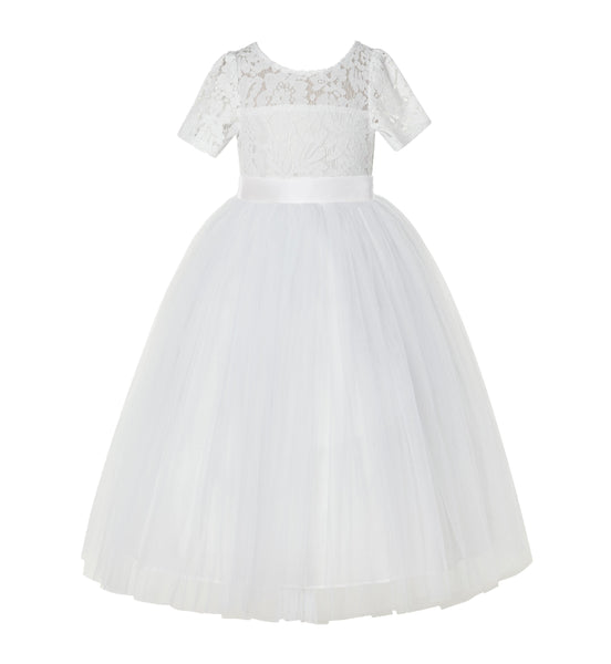 Floral Lace Flower Girl Dress with Sleeves Formal Junior Bridesmaid Gown for Toddler Girls LG2R