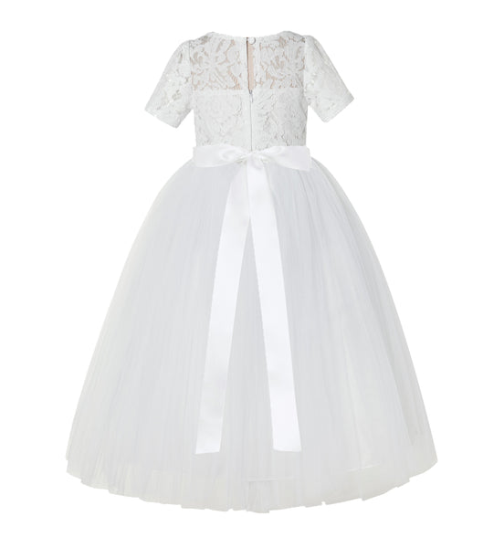 Floral Lace Flower Girl Dress with Sleeves Formal Junior Bridesmaid Gown for Toddler Girls LG2R