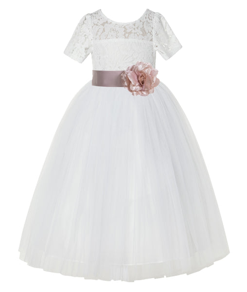 Ivory Floral Lace Flower Girl Dress with Sleeves Formal Pageant Dresses for Toddler Girls LG2T(3)