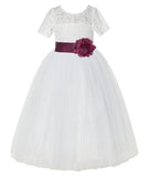 Ivory Floral Lace Flower Girl Dress with Sleeves Formal Pageant Dresses for Toddler Girls LG2T(2)