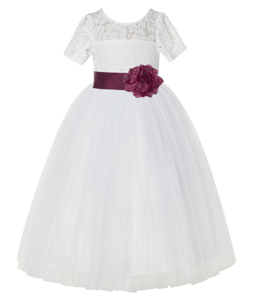 Ivory Floral Lace Flower Girl Dress with Sleeves Formal Pageant Dresses for Toddler Girls LG2T(2)