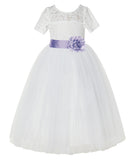 Ivory Floral Lace Flower Girl Dress with Sleeves Formal Pageant Dresses for Toddler Girls LG2T(2)