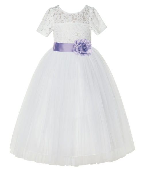Ivory Floral Lace Flower Girl Dress with Sleeves Formal Pageant Dresses for Toddler Girls LG2T(2)