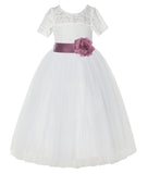 Ivory Floral Lace Flower Girl Dress with Sleeves Formal Pageant Dresses for Toddler Girls LG2T(2)