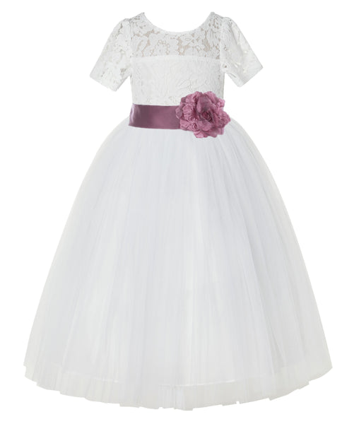 Ivory Floral Lace Flower Girl Dress with Sleeves Formal Pageant Dresses for Toddler Girls LG2T(2)