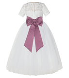 Ivory Floral Lace Flower Girl Dress with Sleeves Formal Pageant Dresses for Toddler Girls LG2T(2)