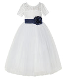 Ivory Floral Lace Flower Girl Dress with Sleeves Formal Pageant Dresses for Toddler Girls LG2T(2)