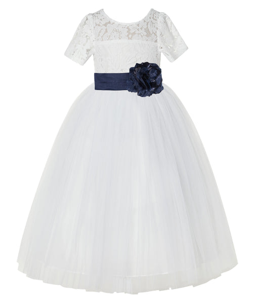 Ivory Floral Lace Flower Girl Dress with Sleeves Formal Pageant Dresses for Toddler Girls LG2T(2)