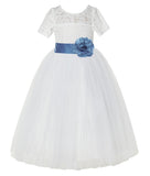 Ivory Floral Lace Flower Girl Dress with Sleeves Formal Pageant Dresses for Toddler Girls LG2T(2)
