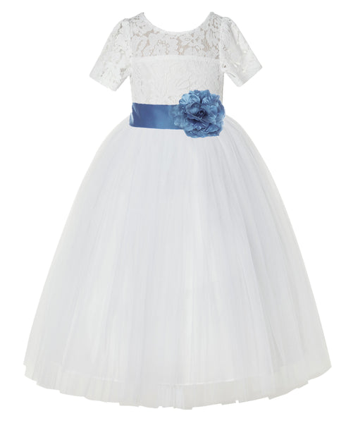 Ivory Floral Lace Flower Girl Dress with Sleeves Formal Pageant Dresses for Toddler Girls LG2T(2)