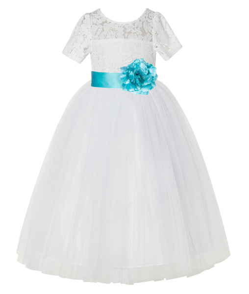 Ivory Floral Lace Flower Girl Dress with Sleeves Formal Pageant Dresses for Toddler Girls LG2T(3)