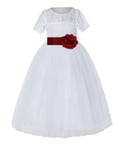 White Floral Lace Flower Girl Dress with Sleeves Junior Bridesmaid Gown Wedding Reception LG2T(4)