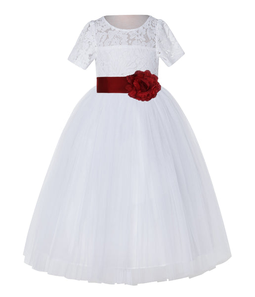 White Floral Lace Flower Girl Dress with Sleeves Junior Bridesmaid Gown Wedding Reception LG2T(4)