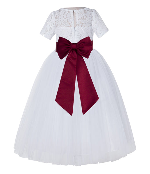 White Floral Lace Flower Girl Dress with Sleeves Junior Bridesmaid Gown Wedding Reception LG2T(4)