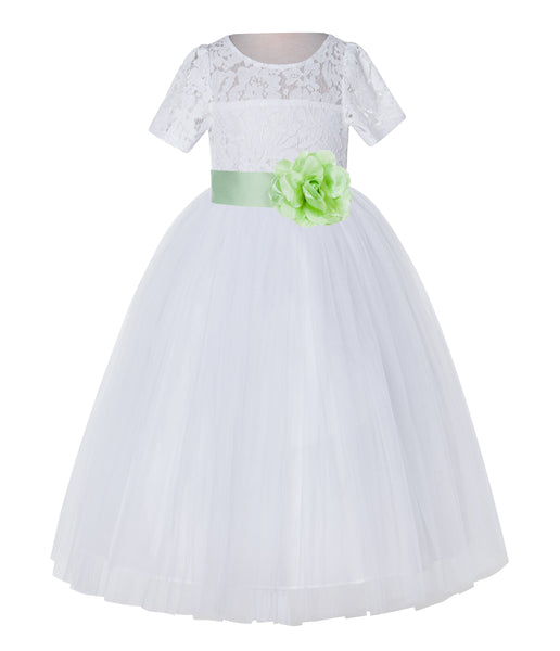 White Floral Lace Flower Girl Dress with Sleeves Junior Bridesmaid Gown Wedding Reception LG2T(3)
