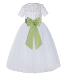 White Floral Lace Flower Girl Dress with Sleeves Junior Bridesmaid Gown Wedding Reception LG2T(3)