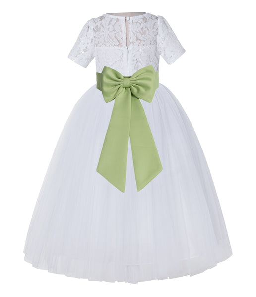 White Floral Lace Flower Girl Dress with Sleeves Junior Bridesmaid Gown Wedding Reception LG2T(3)