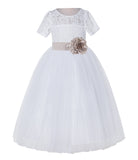 White Floral Lace Flower Girl Dress with Sleeves Junior Bridesmaid Gown Wedding Reception LG2T(3)