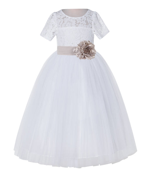White Floral Lace Flower Girl Dress with Sleeves Junior Bridesmaid Gown Wedding Reception LG2T(3)