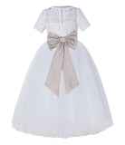 White Floral Lace Flower Girl Dress with Sleeves Junior Bridesmaid Gown Wedding Reception LG2T(3)