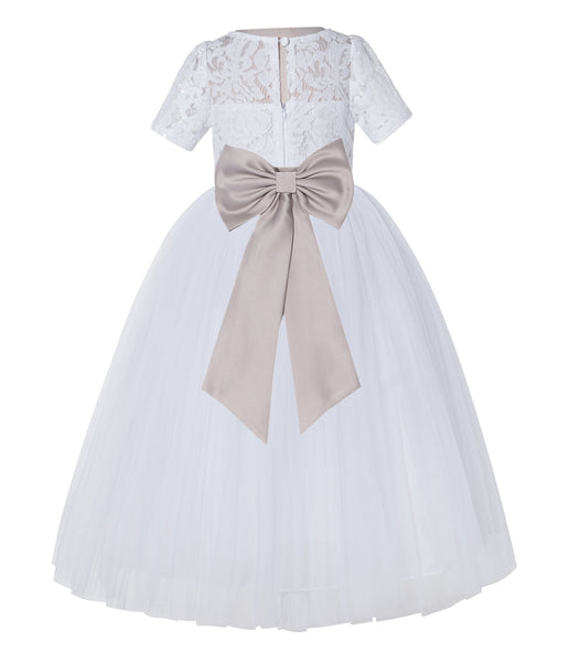 White Floral Lace Flower Girl Dress with Sleeves Junior Bridesmaid Gown Wedding Reception LG2T(3)