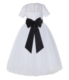 White Floral Lace Flower Girl Dress with Sleeves Junior Bridesmaid Gown Wedding Reception LG2T(3)