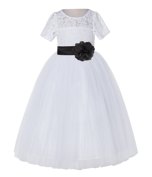 White Floral Lace Flower Girl Dress with Sleeves Junior Bridesmaid Gown Wedding Reception LG2T(3)