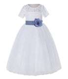 White Floral Lace Flower Girl Dress with Sleeves Junior Bridesmaid Gown Wedding Reception LG2T(3)