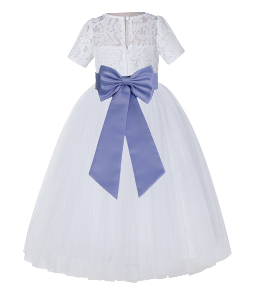 White Floral Lace Flower Girl Dress with Sleeves Junior Bridesmaid Gown Wedding Reception LG2T(3)