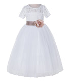 White Floral Lace Flower Girl Dress with Sleeves Junior Bridesmaid Gown Wedding Reception LG2T(4)