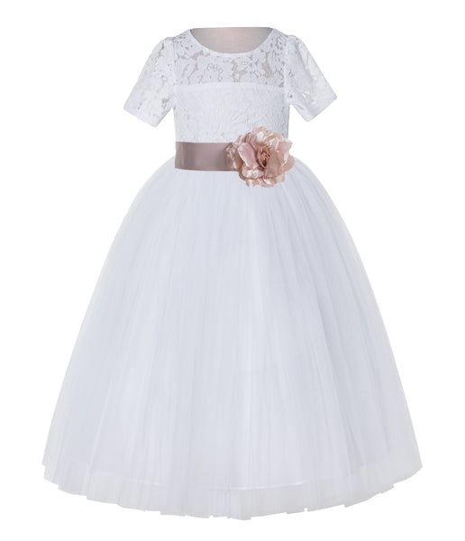 White Floral Lace Flower Girl Dress with Sleeves Junior Bridesmaid Gown Wedding Reception LG2T(4)