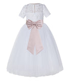 White Floral Lace Flower Girl Dress with Sleeves Junior Bridesmaid Gown Wedding Reception LG2T(4)