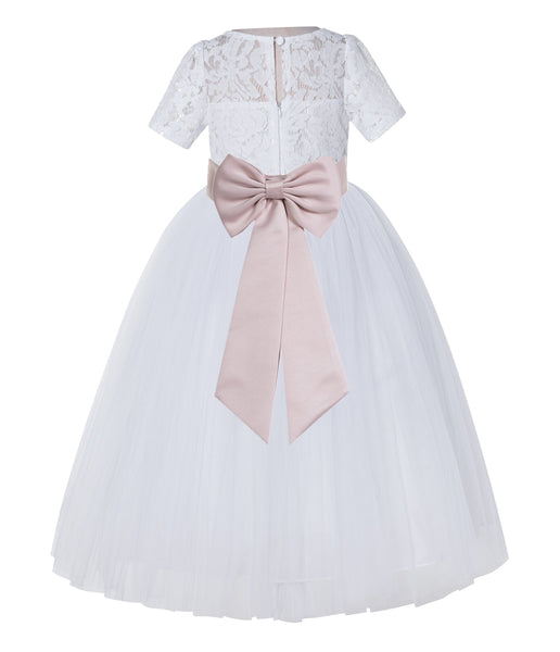 White Floral Lace Flower Girl Dress with Sleeves Junior Bridesmaid Gown Wedding Reception LG2T(4)