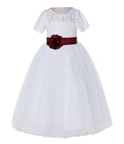 White Floral Lace Flower Girl Dress with Sleeves Junior Bridesmaid Gown Wedding Reception LG2T(4)
