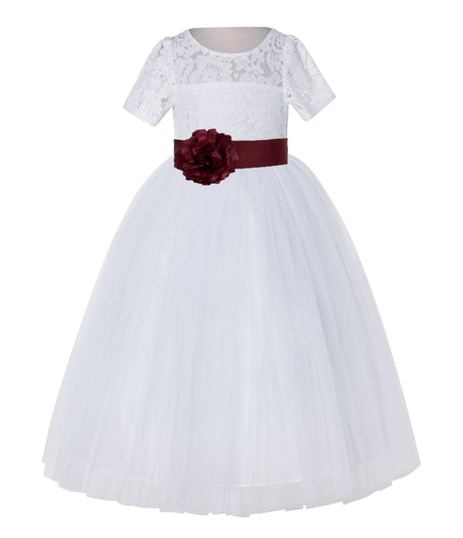 White Floral Lace Flower Girl Dress with Sleeves Junior Bridesmaid Gown Wedding Reception LG2T(4)