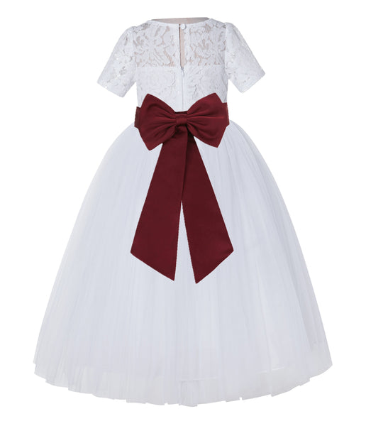 White Floral Lace Flower Girl Dress with Sleeves Junior Bridesmaid Gown Wedding Reception LG2T(4)