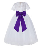 White Floral Lace Flower Girl Dress with Sleeves Junior Bridesmaid Gown Wedding Reception LG2T(4)