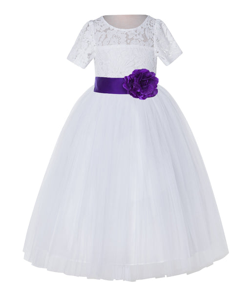White Floral Lace Flower Girl Dress with Sleeves Junior Bridesmaid Gown Wedding Reception LG2T(4)