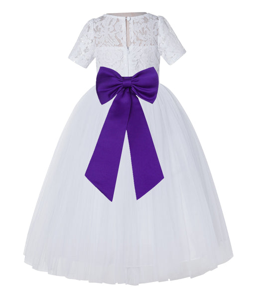 White Floral Lace Flower Girl Dress with Sleeves Junior Bridesmaid Gown Wedding Reception LG2T(4)