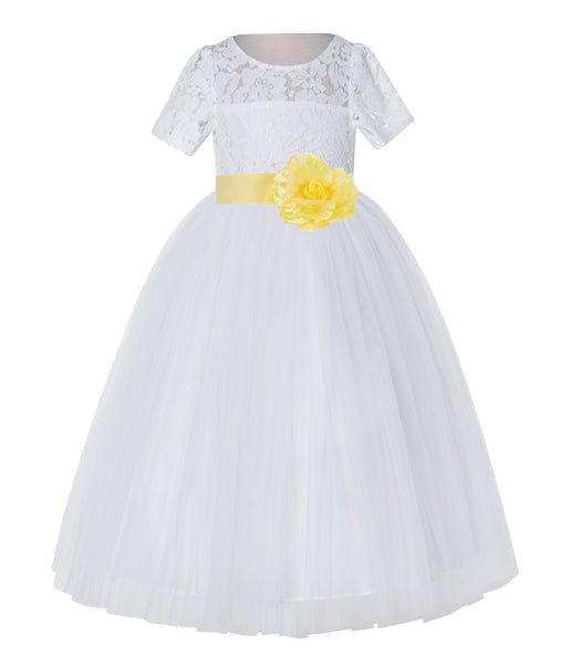 White Floral Lace Flower Girl Dress with Sleeves Junior Bridesmaid Gown Wedding Reception LG2T(4)