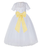 White Floral Lace Flower Girl Dress with Sleeves Junior Bridesmaid Gown Wedding Reception LG2T(4)
