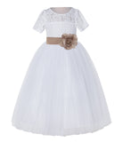 White Floral Lace Flower Girl Dress with Sleeves Junior Bridesmaid Gown Wedding Reception LG2T(4)