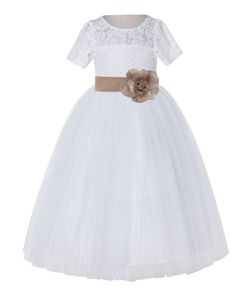 White Floral Lace Flower Girl Dress with Sleeves Junior Bridesmaid Gown Wedding Reception LG2T(4)