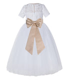 White Floral Lace Flower Girl Dress with Sleeves Junior Bridesmaid Gown Wedding Reception LG2T(4)