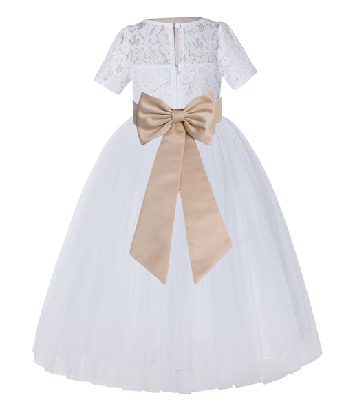 White Floral Lace Flower Girl Dress with Sleeves Junior Bridesmaid Gown Wedding Reception LG2T(4)