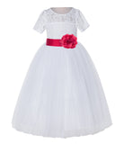 White Floral Lace Flower Girl Dress with Sleeves Junior Bridesmaid Gown Wedding Reception LG2T(4)